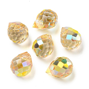 Electroplated Glass Beads, Faceted, Teardrop Charms, Top Drilled, Light Gold, 11x8mm, Hole: 1.2mm