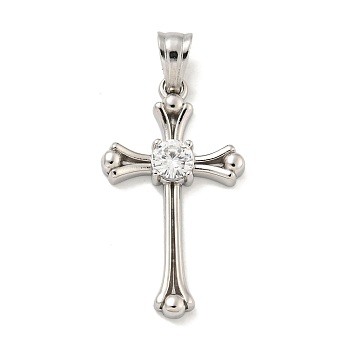 304 Stainless Steel Cubic Zirconia Pendants, Cross Charm, Stainless Steel Color, 31x18x4mm, Hole: 6x4.5mm