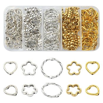 140Pcs 5 Style Tibetan Style Alloy Bead Frames, Heart/Flower/Ring, Mixed Color, 13~21x13~21x2mm, Hole: 1~1.5mm