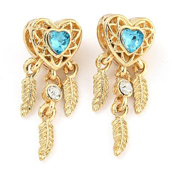 Rack Plating Alloy Pave Indicolite Rhinestone Heart with Feather European Dangle Charms, Large Hole Pendants, Cadmium Free & Nickel Free & Lead Free, Golden, 32.5x11.5x10.5mm, Hole: 4.7mm