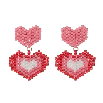 Glass Seed Braided Double Heart Dangle Stud Earrings, Brass Jewelry for Women, Hot Pink, 32mm, Pin: 0.8mm