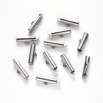 304 Stainless Steel Slide On End Clasp Tubes, Slider End Caps, Stainless Steel Color, 6x16x4mm, Hole: 3x1.5mm, Inner Diameter: 3mm