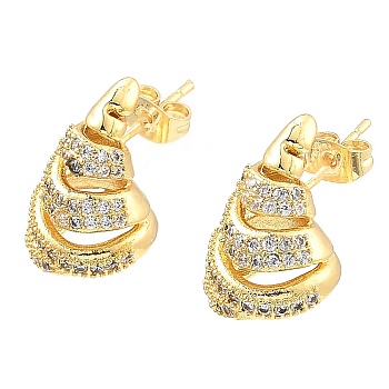 Rack Plating Brass Micro Pave Clear Cubic Zirconia Stud Earrings, Horn, Real 16K Gold Plated, 13.5x12mm