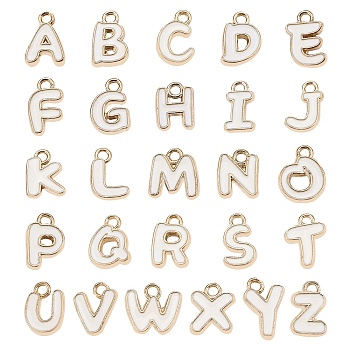 Golden Plated Alloy Enamel Charms, Alphabet, White, Width: 6.5~11mm, Length: 10~12mm, Thick: 2~2.5mm, hole: 1.5mm,  26pcs/bag