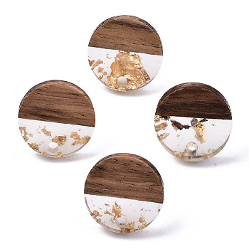 Transparent Resin & Walnut Wood Stud Earring Findings, with 304 Stainless Steel Pin and Gold Foil, Flat Round, Clear, 15mm, Hole: 1.8mm, Pin: 0.7mm