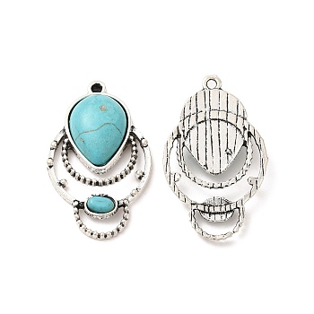 Retro Alloy Pendants, with Synthetic Turquoise, Teardrop Charms, Antique Silver, 38x23x6.5mm, Hole: 2mm