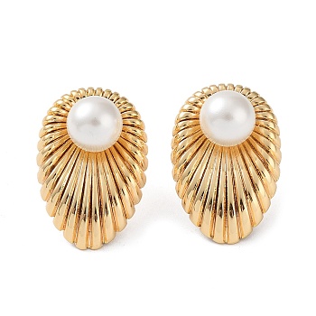 Rack Plating Brass Teardrop Stud Earrings, with Natural Shell Beaded, Golden, 24x16mm