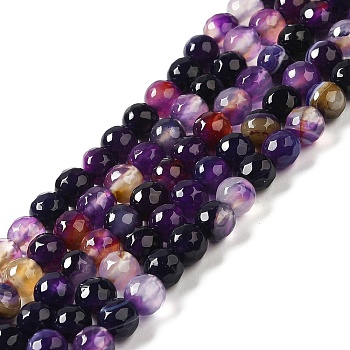 Natural Striped Agate/Banded Agate Beads Strands, Dyed & Heated, Faceted Round, Dark Orchid, 8mm, Hole: 1mm, about 46pcs/strand, 14.69~15.16''(37.3~38.5cm)