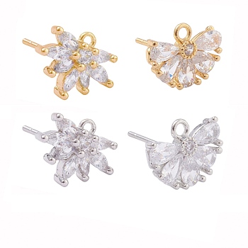 4 Pairs 2 Style Brass Micro Pave Clear Cubic Zirconia Stud Earring Findings, with Loop, Flower, Platinum & Golden, 15mm, Pin: 0.7mm, 4pairs/box
