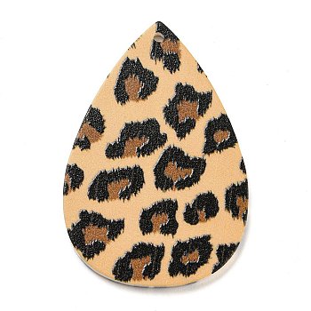 Opaque Acrylic Pendants, Teardrop with Leopard Pattern, BurlyWood, 44.5x30x2.5mm, Hole: 1.8mm