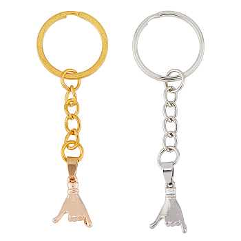 Pull Hook Gesture Alloy Pendant Keychain, for Car Key Bag Pendant Decoration, Platinum & Golden, 6.8~8.15cm, 2pcs/set