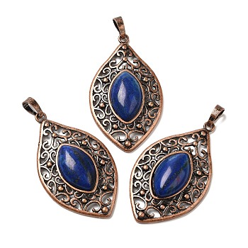 Dyed Natural Lapis Lazuli Pendants, Brass Horse Eye Charms, Red Copper, Lead Free & Cadmium Free, 48x28x7.5mm, Hole: 8x5mm