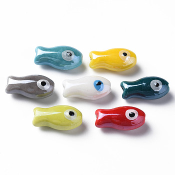 Handmade Porcelain Beads, Famille Rose Style, Fish, Mixed Color, 19.5x10x8mm, Hole: 2mm