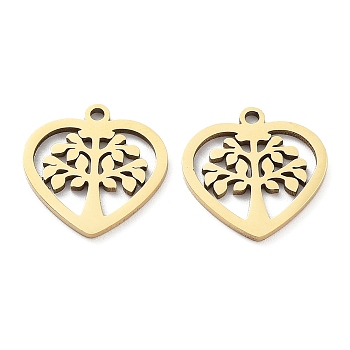 Ion Plating(IP) 316L Surgical Stainless Steel Charms, Heart with Tree of Life Charm, Real 18K Gold Plated, 15x14.5x1mm, Hole: 1.2mm