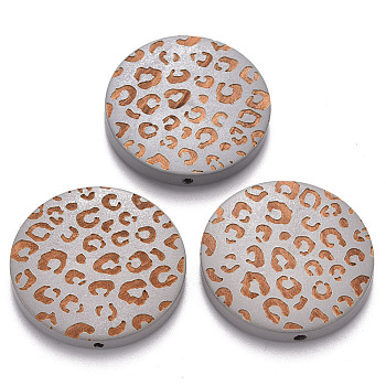 Painted Natural Wood Beads, Laser Engraved Pattern, Flat Round with Leopard Print, Silver, 30x5mm, Hole: 1.6mm