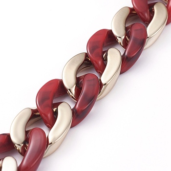 Handmade CCB Plastic Curb Chain, with Acrylic Linking Rings, Imitation Gemstone, for Handbag Chain Making, Golden, Dark Red, Link: 22~23x16~17x5mm, 39.37 inch(1m)/strand