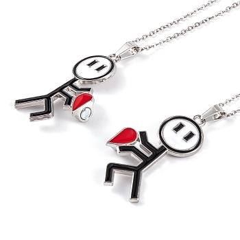 Valentine's Day 2Pcs Alloy Enamel Magnetic Heart Pendant Necklaces, Cable Chains, Platinum, 23.62 inch(60cm)