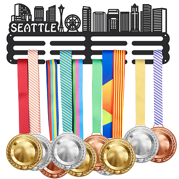 Fashion Iron Medal Hanger Holder Display Wall Rack, with Screws, Word Seattle, City Silhouette Pattern, 150x400mm