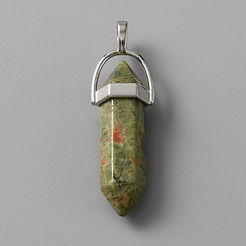 Natural Unakite Double Terminal Pointed Pendants, with Platinum Tone Zinc Alloy Findings, Faceted Bullet Charm, 41~43x13.5x10mm, Hole: 3.5x5.5mm