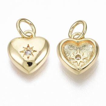 Brass Micro Pave Cubic Zirconia Charms, with Jump Ring, Nickel Free, Heart with Star, Clear, Real 18K Gold Plated, 10x9x3.5mm, Hole: 3mm