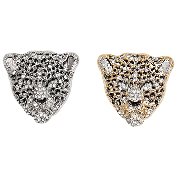 2Pcs 2 Colors Rhinestone Leopard Brooch Pin, Alloy Animal Badge for Backpack Clothes, Platinum & Light Gold, 37x38x5mm, 1Pc/color