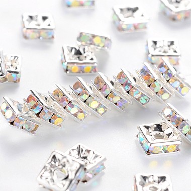 6mm Clear Square Brass + Rhinestone Spacer Beads