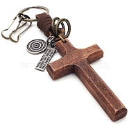 Wood Cross Pendant Keychain, with Alloy Findings and Cowhide, Saddle Brown, 16cm(PW-WG18596-01)