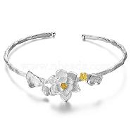 SHEGRACE Adjustable 925 Sterling Silver Bangle, with Lotus Flower, Silver, 2-1/4 inchx1-3/4 inch(57x46mm)(JB422A)