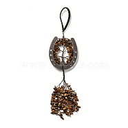 Natural Tiger Eye Chip Tree of Life Pendants Decoration, Brass Horse Shose Tassel Gems Hanging Ornaments, 220mm, Pendant: 170x59x7mm(G-F733-06E)