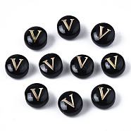 Handmade Lampwork Beads, with Golden Plated Brass Etched Metal Embellishments, Flat Round with Alphabet, Letter.V, 8x5mm, Hole: 0.8mm(LAMP-S196-001V)