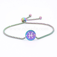 Adjustable 201 Stainless Steel Slider Bracelets, Bolo Bracelets, with Box Chains, Flat Round with Constellation/Zodiac Sign, Rainbow Color, Pisces, 9-1/2 inch(24cm)(STAS-S105-JN664-12)