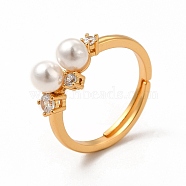 Shell Pearl Beaded Adjustable Ring with Clear Cubic Zirconia, Rack Plating Brass Jewelry for Women, Cadmium Free & Lead Free, Real 18K Gold Plated, Inner Diameter: 16.5~22mm(RJEW-C048-14G)