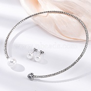 Round Plastic Imitation Pearl Stud Earrings & Heart Cubic Zirconia Rhinestone Cuff Choker Necklaces Sets, 304 Stainless Steel Jewerly Set for Women, Stainless Steel Color, Inner Diameter: 4.43 inch(112.5mm)(SJEW-U003-08P)