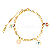 Stainless Steel Cable Chain Bracelets for Women, Enamel Evil Eye Charm Bracelet, White, 8-3/8 inch(21.3cm)(RF7227-2)