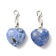 Natural Sodalite Pendants, with Zinc Alloy Lobster Claw Clasps and Iron Open Jump Ring, Heart, Platinum, 44mm, Hole: 4x3.4mm(HJEW-JM00581)