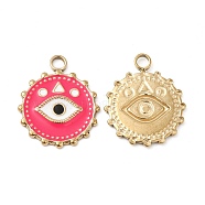 Vacuum Plating 201 Stainless Steel Enamel Pendants, Real 18K Gold Plated, Flat Round with Eye Charm, Deep Pink, 21.5x18x1.5mm, Hole: 2.6mm(STAS-J401-VC843)