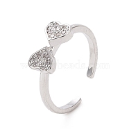 Clear Cubic Zirconia Heart Bowknot Open Cuff Ring, Brass Jewelry for Women, Platinum, Inner Diameter: 17mm(RJEW-E072-06P)