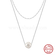 Round Natural Freshwater Pearl Pendant Necklaces, Rhodium Plated 925 Sterling Silver Double Layer Necklaces for Women, Real Platinum Plated, 13.90 inch(35.3cm)(NJEW-G153-03P)