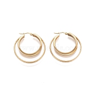 304 Stainless Steel Triple Hoop Earrings, Hypoallergenic Earrings, Multi-Layer Earrings, Textured, Ring, Golden, 40x38x7mm, Pin: 1mm(STAS-D171-30G)