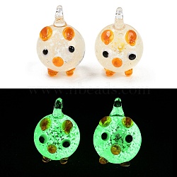 Handmade Lampwork Pendants, Pig, Luminous, Orange, 20~22x15~17x14~15mm, Hole: 2.5~3mm(LAMP-I029-11A)