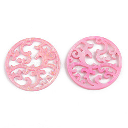 Cellulose Acetate(Resin) Filigree Joiners Links, with Glitter Powder, Flat Round, Hot Pink, 29x2mm(KY-N006-12-A01)
