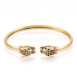 Brass Micro Pave Cubic Zirconia Cuff Bangles, Nickel Free, Leopard, Colorful, Real 16K Gold Plated, Inner Diameter: 2-5/8x2-1/8 inch(6.6x5.3cm), 10mm(BJEW-T018-06G-NF)