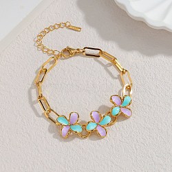 304 Stainless Steel Enamel Flower Link Bracelets for Women, Ion Plating(IP), Purple, 7.32 inch(18.6cm)(BJEW-Z160-02G-01)