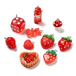 Resin Pendants, with Platinum Plated Iron Loops, Dice & Strawberry & Bear, Mixed Shapes, Red, 14.5~26x10~22x5.5~14mm, Hole: 2mm, about 10pcs/bag(RESI-P027-05M)