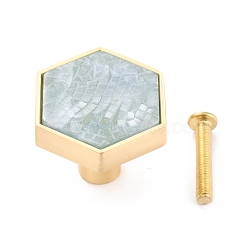 Hexagon with Marble Pattern Brass Box Handles & Knobs, with Resin Cabochons and Iron Screws, Matte Gold Color, Aqua, 29.5x34x24.5mm, Hole: 3.5mm(DIY-P054-C01)