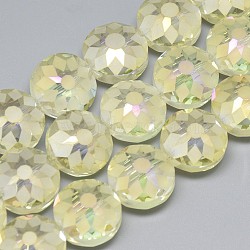 Electroplate Glass Beads Strands, Frosted, Rainbow Plated, Faceted, Flat Round, Champagne Yellow, 12x8~9mm, Hole: 1mm, about 50pcs/strand, 23.62 inch(EGLA-Q084-12mm-12)