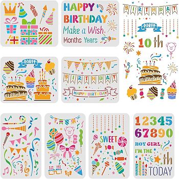 PET Hollow Out Drawing Painting Stencils Sets, for DIY Scrapbook, Photo Album, Birthday Themed Pattern, 21~29.7x21~29.7cm, 8 style/set