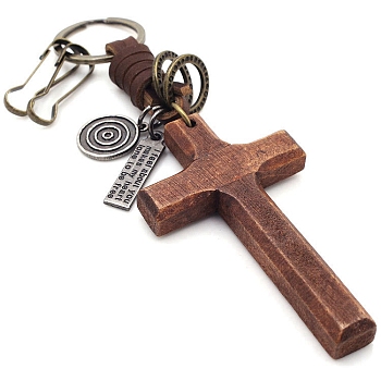 Wood Cross Pendant Keychain, with Alloy Findings and Cowhide, Saddle Brown, 16cm
