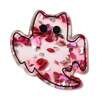 Halloween Double Side Transparent Acrylic Pendants, with Paillette, Cerise, Ghost, 38.5x38x2mm, Hole: 1.8mm