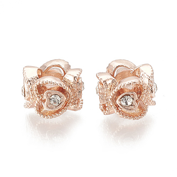 Alloy European Beads, Large Hole Beads, with Rhinestone, Flower, Crystal, Rose Gold, 10x7mm, Hole: 4.5mm